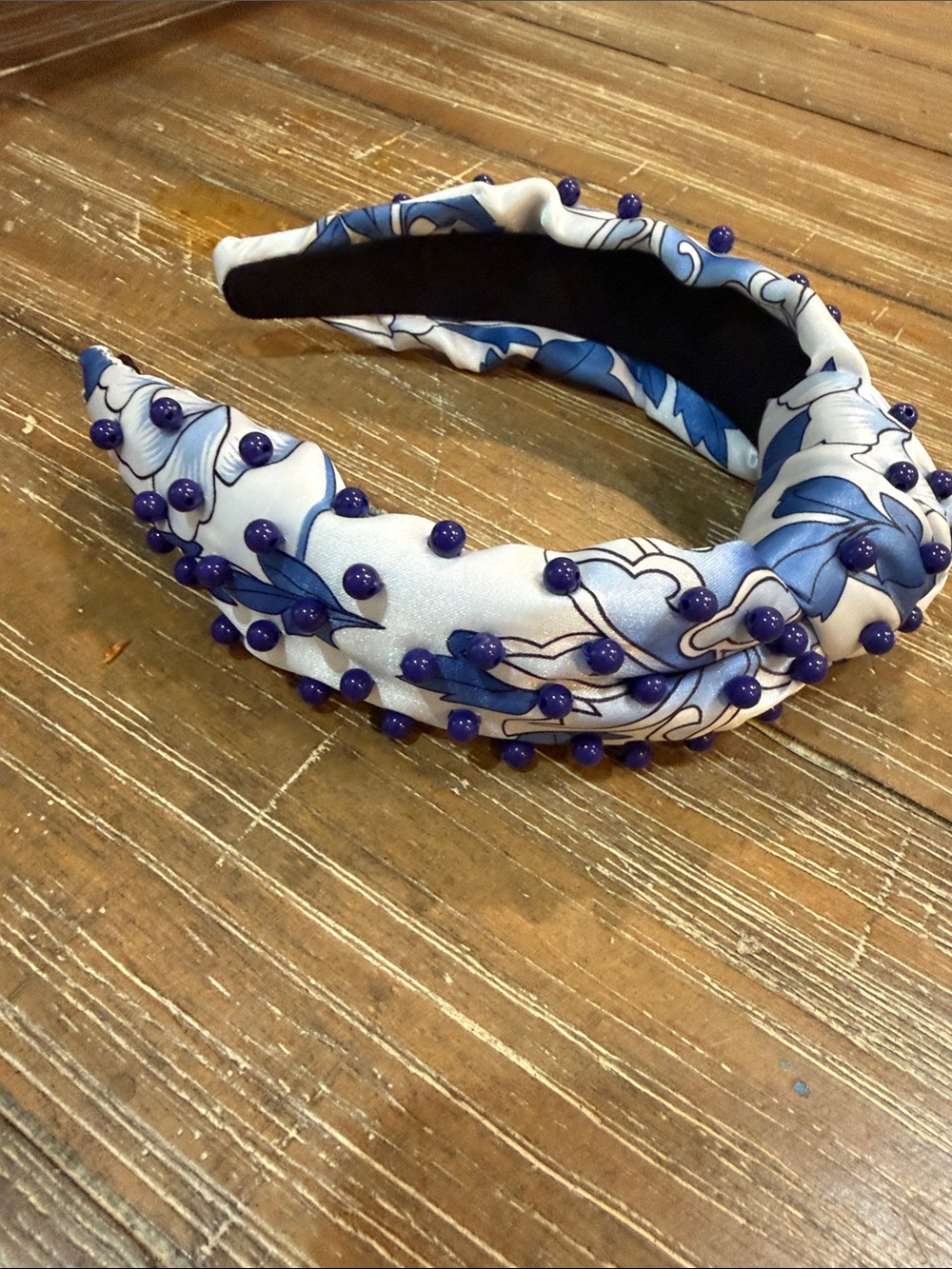 Blue Floral Padded Headband with Bead Accents